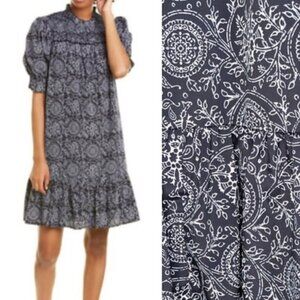 Celina Moon Womens Black  Sz L Black White Paisley Shift Dress Puff Sleeve